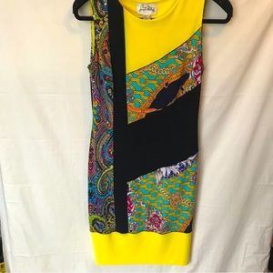 Joseph Ribkoff Sleeveless Midi Paisley & Yellow Patchwork Sheath Dress Size 8